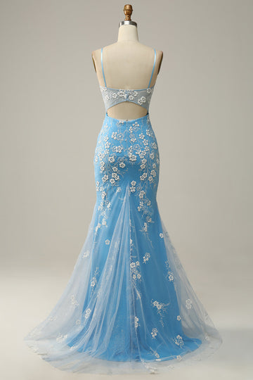 Mermaid Spaghetti Straps Blue Long Ball Dress with Appliques